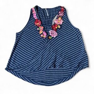 Free People Navy Striped Floral Embroidered Racerback Tank Cottagecore Top M